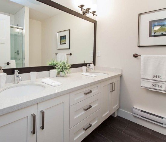 16458 23A Avenue, Surrey, BC V3Z 0L9, Canada Luxurious ensuite bathroom featuring a spacious walk-in shower with glass door, dual porcelain sinks, full-length vanity mirror, and elegant light bars!